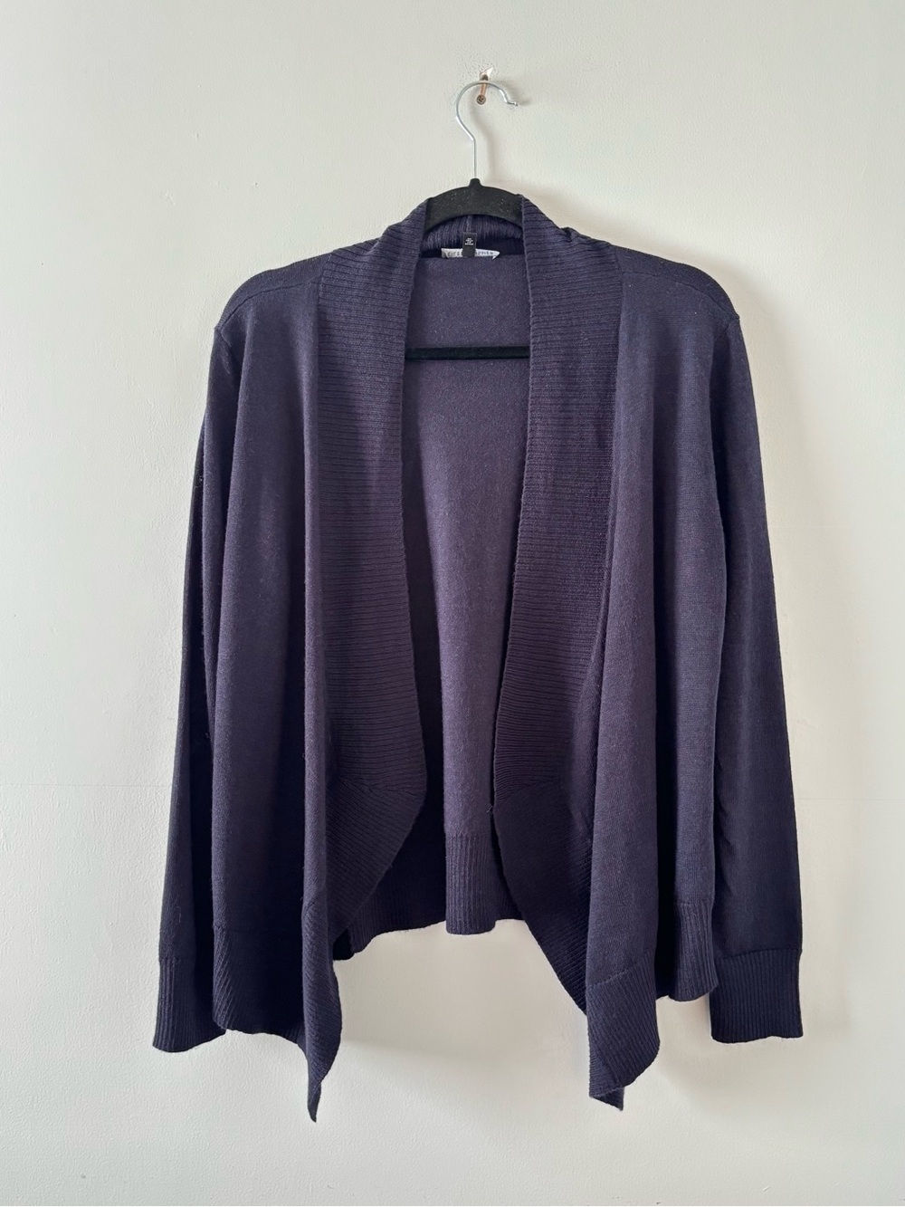Eileen Fisher Merino Wool Open Cardigan Sweater Drapey Ribbed Trim Lightweight